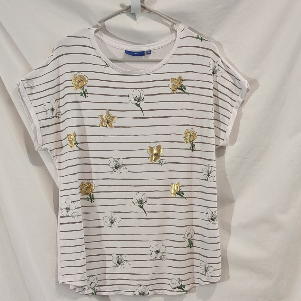 Apt. 9 | Gold Metallic Flowers On Taupe Stripe White T-Shirt Short Sleeve | L